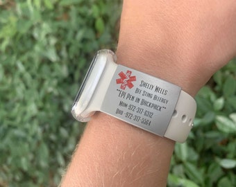 MEDICAL ALERT Tag for Apple watch band, fitness runners ID tag sports smartwatch, Stainless Steel. First responder alert.