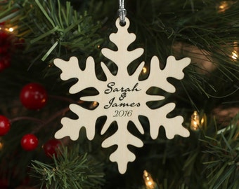 Christmas Snowflake Ornament With First Names and Year - Personalized Wood Christmas Ornament - Gift for Newlyweds