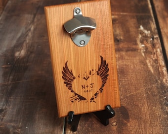 Personalized Bottle Opener Bottle Cap Opener Man Cave 5 Year Anniversary Heart and Wings with Initials Cherry Wood