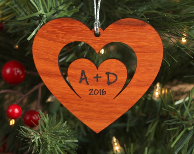Heart Within a Heart Wood Ornament - African Padauk Wood Custom Ornament for Couple - Love Heart Ornament With Initials and Year