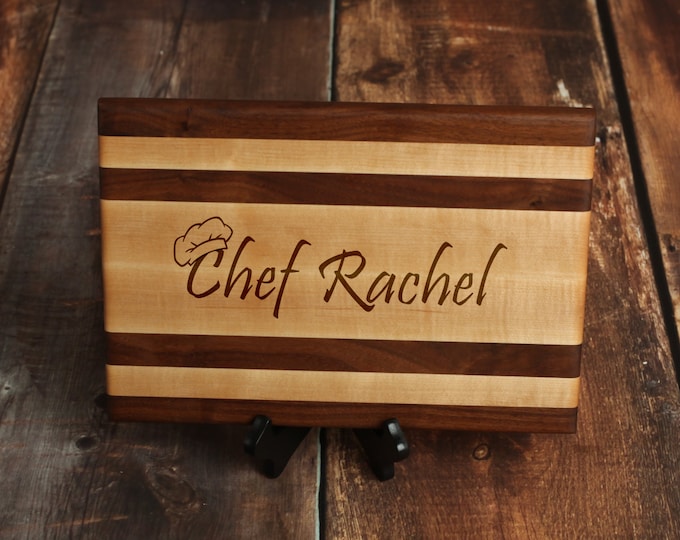 Custom Cutting Board - Maple and Walnut Personalized Cutting Board with Engraved Chef Hat and Name - Birthday Gift
