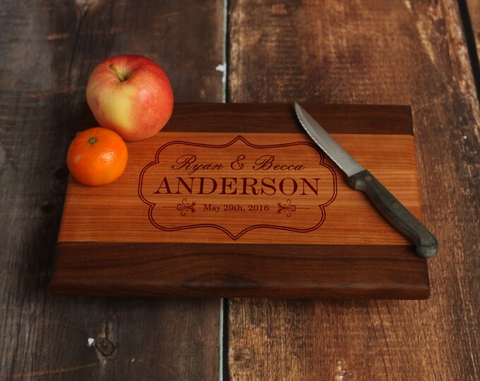 Elegant Personalized Cutting Board for Wedding Gift - Custom Serving Tray with Names and Established Date - Walnut and Cherry Wood