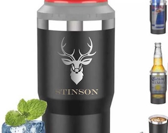 4in1 Personalized Stainless Steel Can Cooler, Double wall Insulated, Custom Bottle Holder, Engraved cooler, Drink Can Holder.