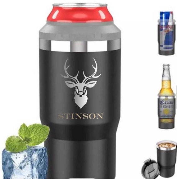 4-in-1 Can Cooler, Stainless Steel Triple Insulated Coozies for 12 oz Skinny or Standard Can, Beer Bottle and As A 14 oz Tumbler with Lid, Black