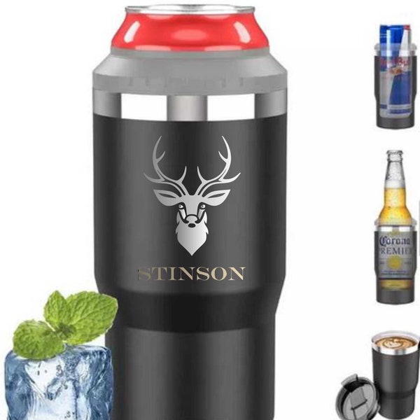 4 in 1 Personalized Stainless Steel Can Cooler, Double wall Insulated, Custom Bottle Holder, Engraved cooler, Drink Can Holder.