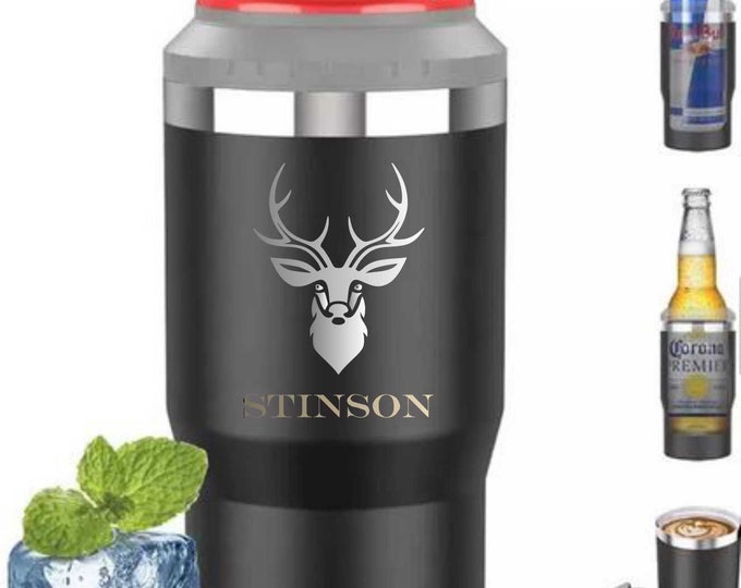 4 in 1 Personalized Stainless Steel Can Cooler, Double wall Insulated, Custom Bottle Holder, Engraved cooler, Drink Can Holder.