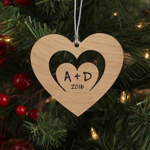 Personalized Cherry Wood Heart Ornament: Couple&#39;s Initials & Year
