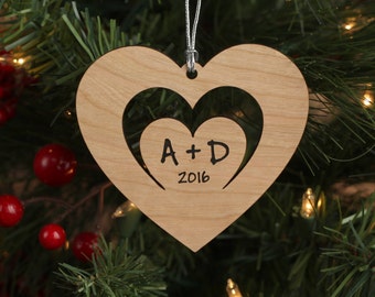 Heart Within a Heart Wood Ornament - Cherry Wood Custom Ornament for Couple - Love Heart Ornament With Initials and Year