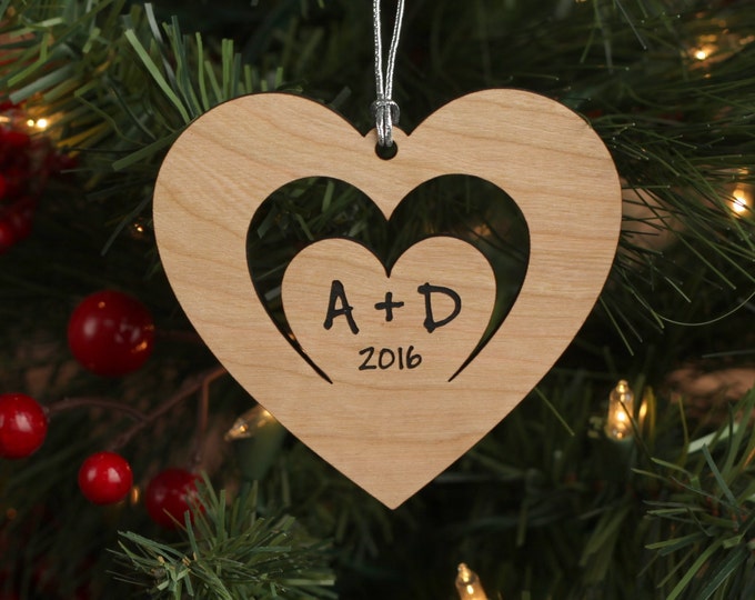 Heart Within a Heart Wood Ornament - Cherry Wood Custom Ornament for Couple - Love Heart Ornament With Initials and Year