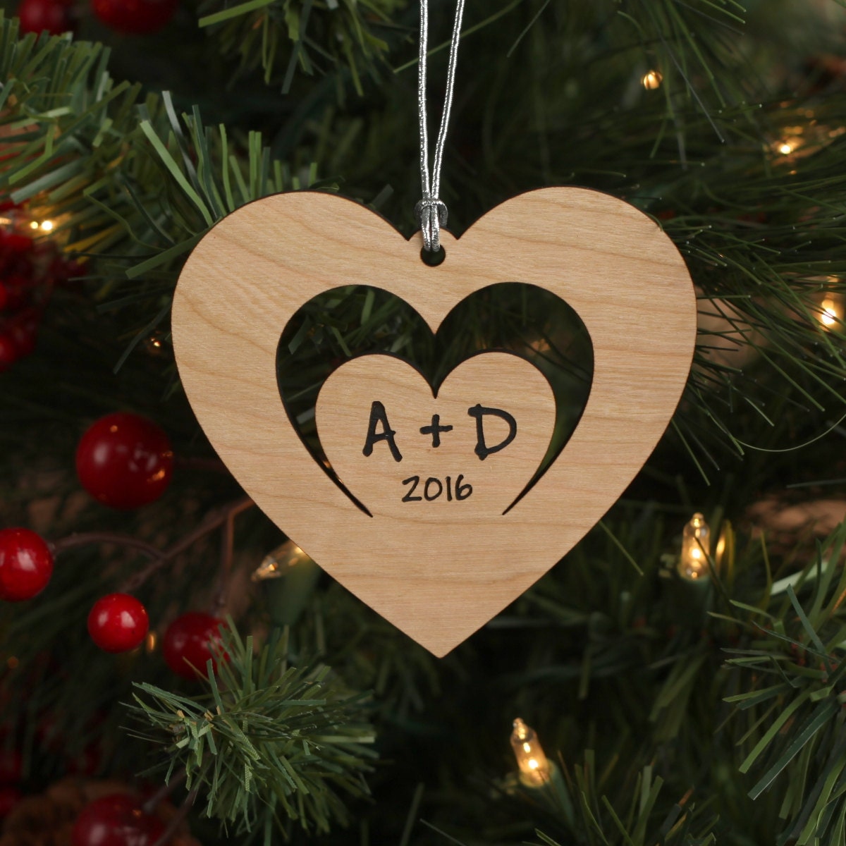 Heart Within a Heart Wood Ornament - Cherry Wood Custom Ornament for Couple  - Love Heart Ornament With Initials and Year