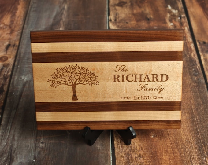 Family Tree Personalized Cutting Board with Strips of Maple and Black Walnut Wood, Custom Serving Tray or Table Plaque