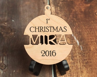 Babies First Christmas Ornament - Personalized Wood Christmas Ornament - Baby Shower Gift Custom Ornament - Cherry Wood