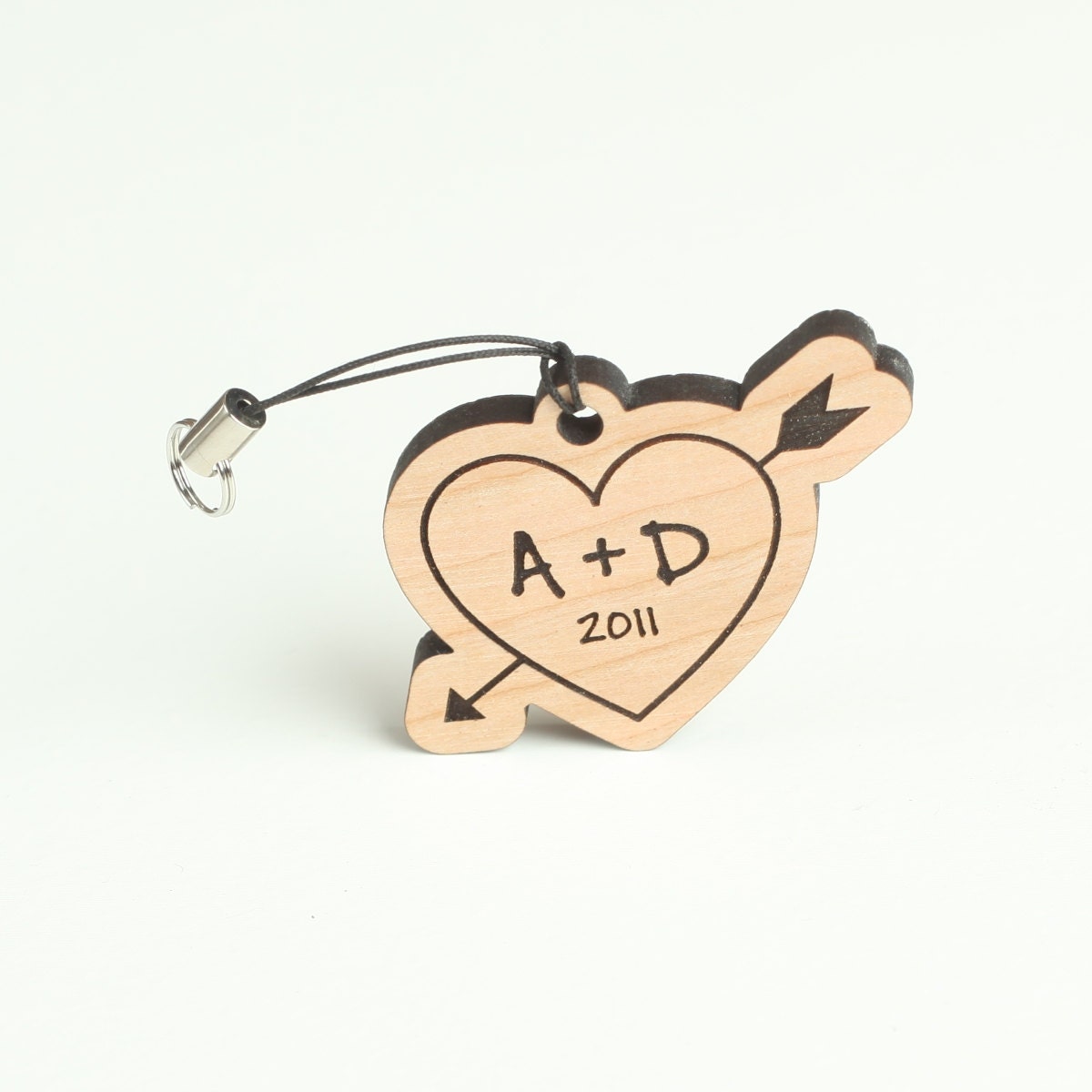 Cherry Wood Keychain Heart with Initials Personalized Wood Key Chain