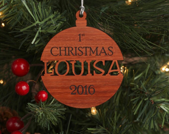 Babies First Christmas Ornament - Personalized Wood Christmas Ornament - Baby Shower Gift Custom Ornament - Padauk Wood
