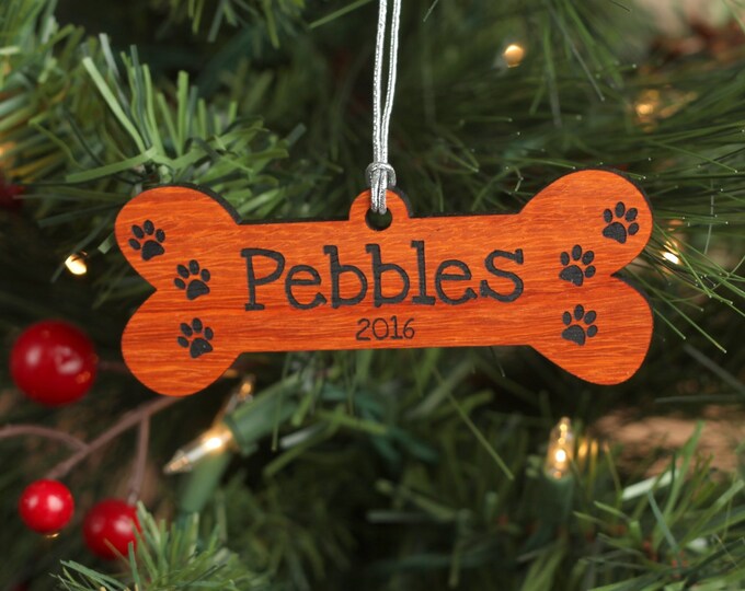 Pet Dog Bone Ornament with Name and Year Made From African Padauk Wood