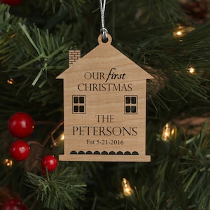 Personalized First Christmas Ornament: Engraved Cherry Wood House