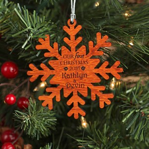 Our First Christmas Snowflake Ornament - Personalized Wood Christmas Ornament - African Padauk Wood Just Married Custom Ornament