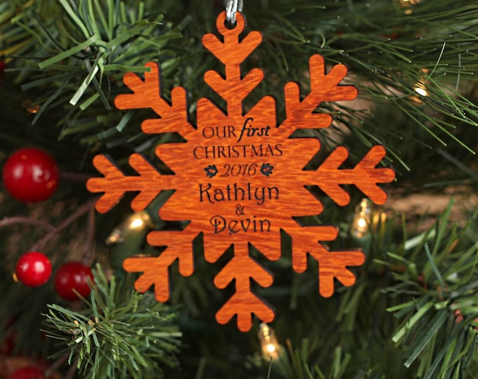 Our First Christmas Snowflake Ornament - Personalized Wood Christmas Ornament - African Padauk Wood Just Married Custom Ornament