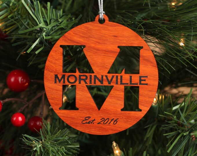 Wood Ornament Personalized with Last Name and Established Date, African Padauk Wood Custom Ornament with Ribbon