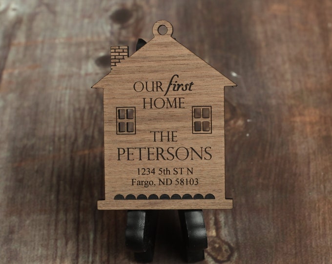 Our First Home Ornament with Last Name and Address, Made From Walnut Wood, First Home Gift, Christmas Ornament