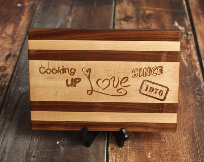 Fun Custom Cutting Board Cooking Up Love Design with Maple and Black Walnut Wood, Personalized Serving Tray
