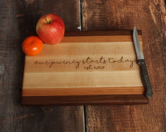 Personalized Wood Cutting Board - Walnut Cherry And Maple Custom Cutting Board - Edge Grain Cutting Board - Our Journey Starts Today