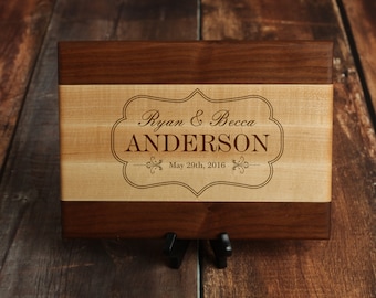 Elegant Personalized Cutting Board for Wedding Gift - Custom Serving Tray with Names and Established Date - Walnut and Maple Wood