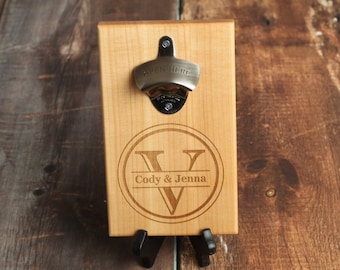 Personalized Bottle Opener - Bottle Cap Opener - Man Cave - 5 Year Anniversary - Circle Last Name and First Names - Maple Wood