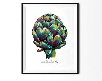 Artichoke Hand-Painted Print // Vegetable Print, Artichoke Painting, Botanical Art, Kitchen Art, Kitchen Print, Veggie Painting, Food Art