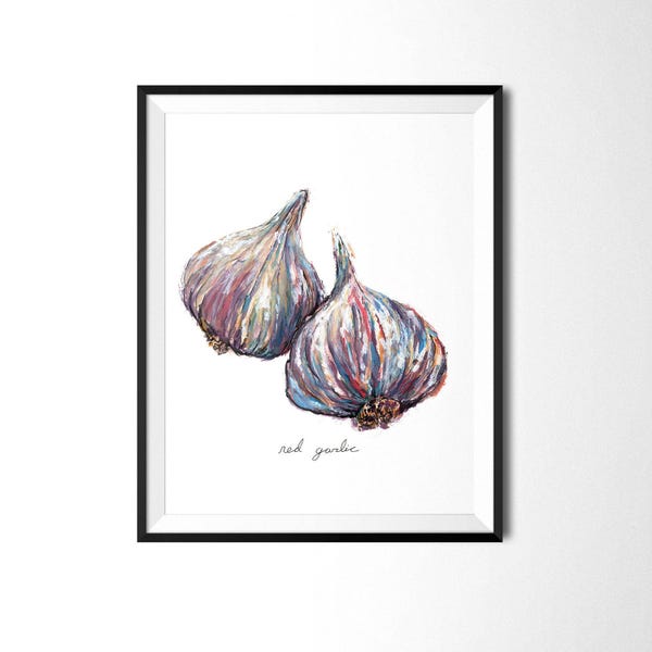 Garlic Hand-Painted Print // Food Painting, Garlic Art, Kitchen Art, Kitchen Decor, Veggie Art, Garlic Painting, Botanical Print