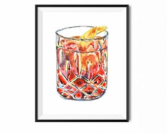 Negroni Cocktail Print | Cocktail Art Print | Bar Art | Cocktail Painting | Kitchen Decor | Watercolor Drink Illustration