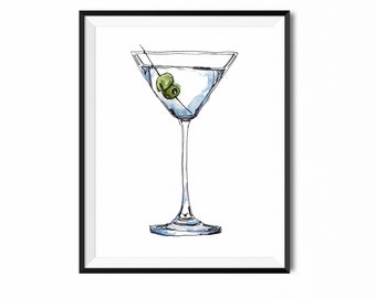 Martini Print | Dry Martini Painting | Cocktail Art | Kitchen Art | Bar Art | Cocktail Painting | Cocktail Watercolor | Martini with Olive
