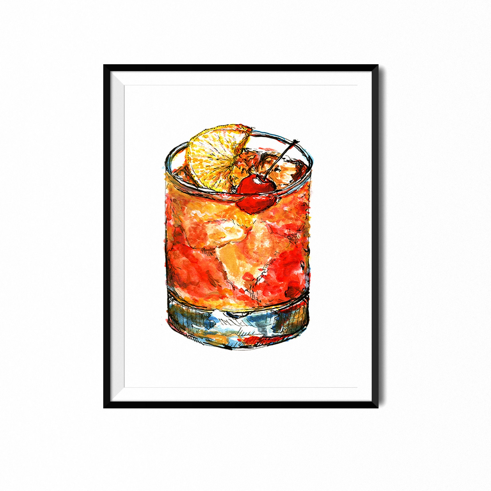 Old Fashioned with Cherry Cocktail Art Print Cocktail Wall Art Home