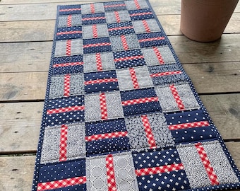 Patchwork Table Runner / Handmade Decor / Red, White and Blue Fabric