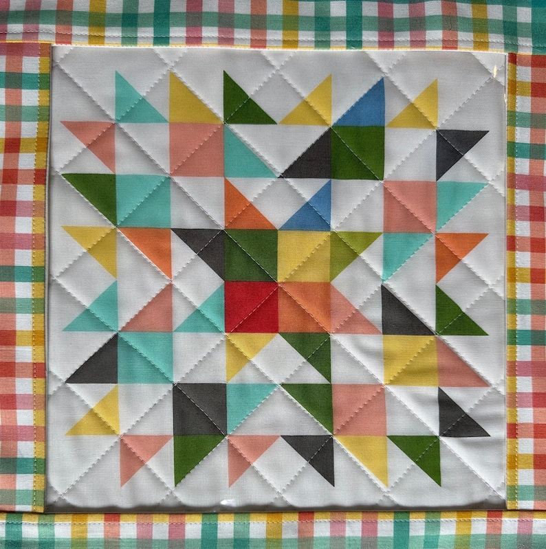 May include: A colorful quilt block with a star pattern made from various shades of pink, orange, yellow, green, blue, and black triangles. The quilt block is surrounded by a white border and a gingham border.