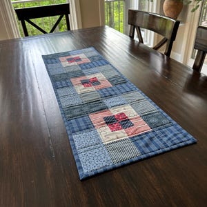 Puede incluir: Camino de mesa rectangular de patchwork azul y rojo. El camino de mesa presenta una variedad de telas azules estampadas, incluyendo estrellas, cuadros y rayas, con bloques cuadrados de tela roja y blanca. Se encuentra sobre una mesa de madera marr&oacute;n oscuro.