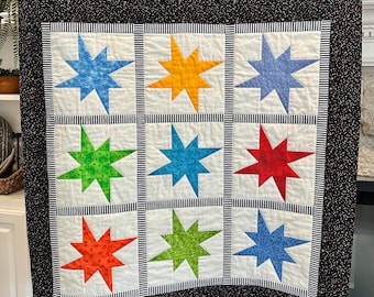 Handmade Baby Quilt: Wonky Stars Cotton Quilt with Snuggly Flannel Backing (37 x 37)