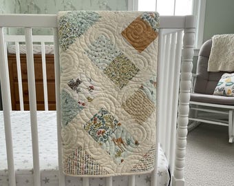 Handmade Baby Quilt: Baby Animals, Cotton and Minky, 47" x 48"