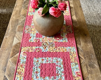Patchwork Table Runner / Handmade Decor / Rose, Blue and Gold Floral Fabrics