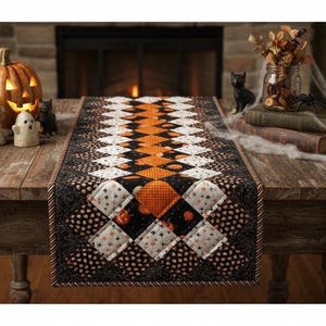 May include: A rectangular quilted table runner featuring a geometric diamond pattern in black, white, and orange. The fabric displays small printed motifs of pumpkins and stars, with a thin striped border framing the entire piece.