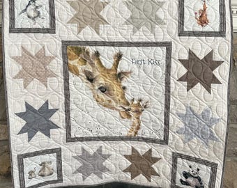 Handmade Baby Quilt: Baby Animals, Cotton and Minky, 40" x 39"