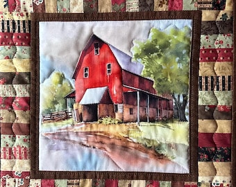 Handmade Quilted Wall Hanging: Red Barn Landscape, 14.5" Square