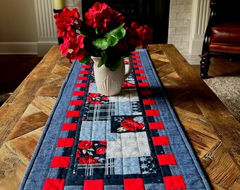Patchwork Table Runner / Handmade Decor / Red, White and Blue Fabric