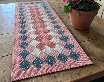 Floating Granny Table Runner / Handmade Decor / Red, White and Blue Fabric