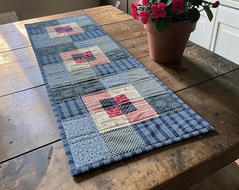 Patchwork Table Runner / Handmade Decor / Red, White and Blue Fabric