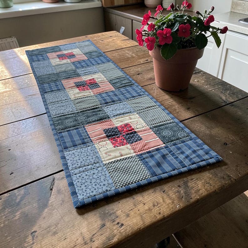 Puede incluir: Camino de mesa rectangular hecho a mano con dise&ntilde;o de patchwork. Presenta cuadrados de telas estampadas en azul, rosa y blanco. Se encuentra sobre una mesa de madera r&uacute;stica. Una maceta con flores rojas est&aacute; cerca. Mide aproximadamente 100 cm de largo.