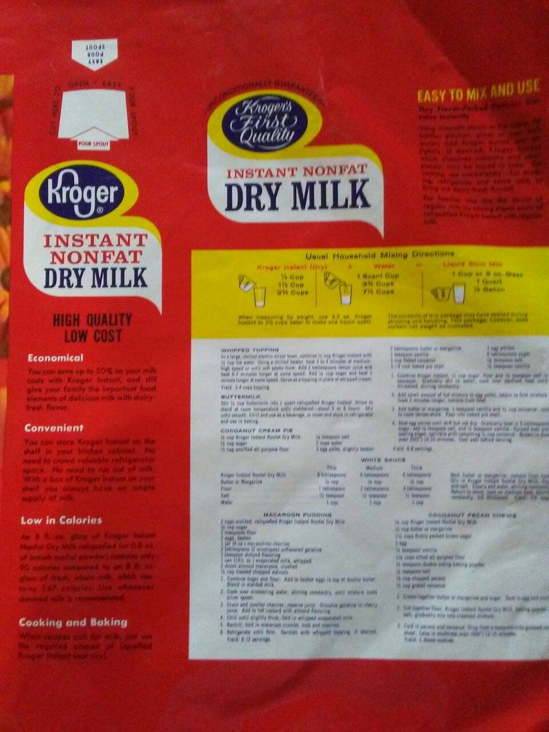 Vintage KROGER Instant Nonfat Dry Powdered Milk Tin Paper Etsy
