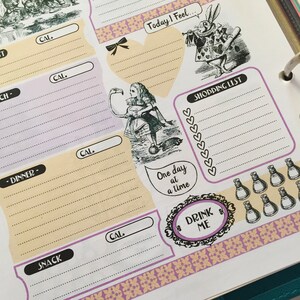 May include: A pink and yellow planner with a heart-shaped section that says "Today I Feel..." and a section that says "One day at a time". There is a black and white illustration of Alice in Wonderland with a flamingo and a black and white illustration of the White Rabbit. There is a section that says "Shopping List" and a section that says "Drink Me".