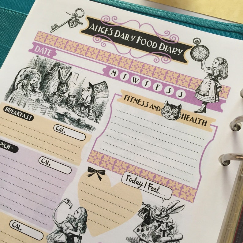 May include: A pink and yellow daily food diary planner with a whimsical Alice in Wonderland theme. The planner features illustrations of Alice, the Mad Hatter, and the Cheshire Cat. The planner has sections for breakfast, lunch, dinner, and snacks, as well as a section for fitness and health. The planner also includes a section for tracking daily feelings.