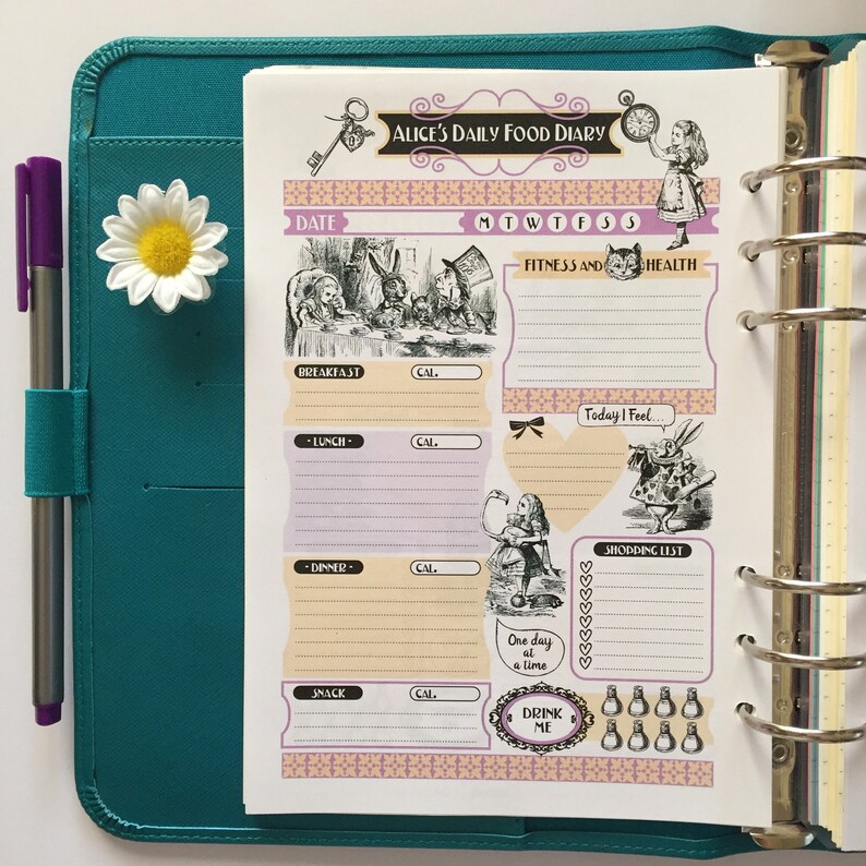 May include: A pink and white Alice in Wonderland themed daily food diary planner with a black and white illustration of Alice and the Mad Hatter. The planner has sections for breakfast, lunch, dinner, snack, fitness, and health. It also includes a shopping list and a section for noting how you feel.